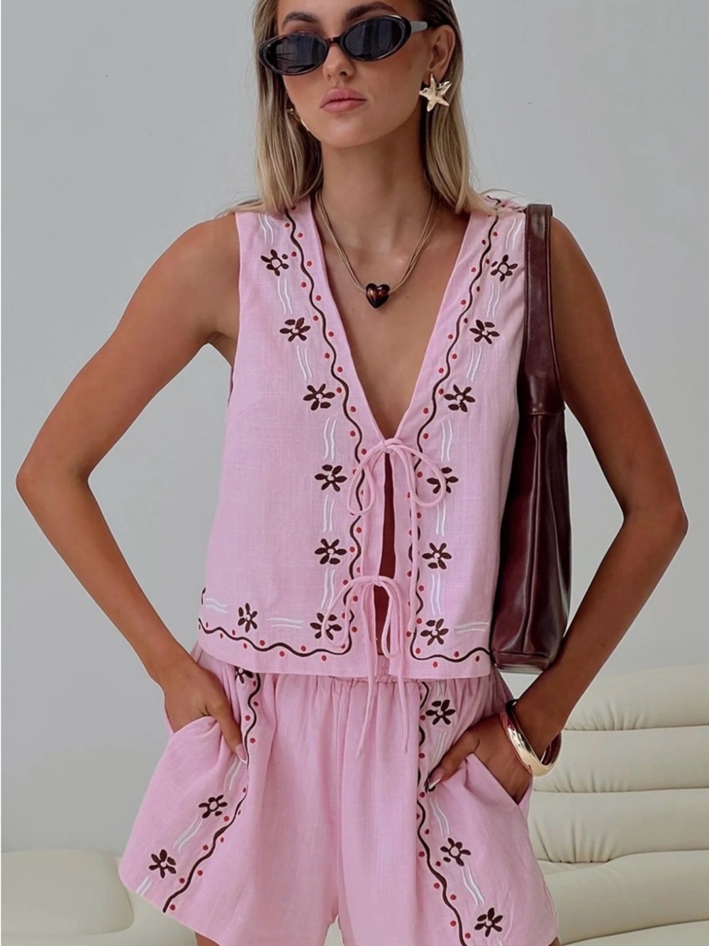 Princess Polly Size 18 Sleeveless Pink Embroidered Tie-Front Top & Shorts Set